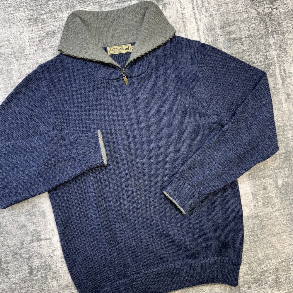 Peruvian Link Alpaca Sweater Mens Large Blue Auckland 1/4 Zip High Neck Peru